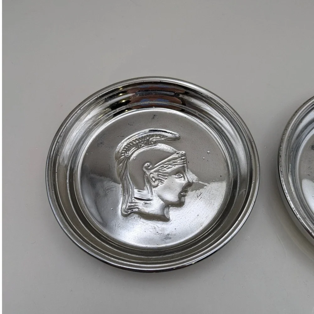 Vintage Chrome Trojan Spartan Warrior Head MCM Mercury Glass Coasters Set of 4